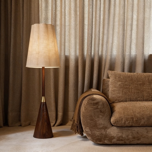 Natural linen scalloped shade and walnut wood floor lamp STS