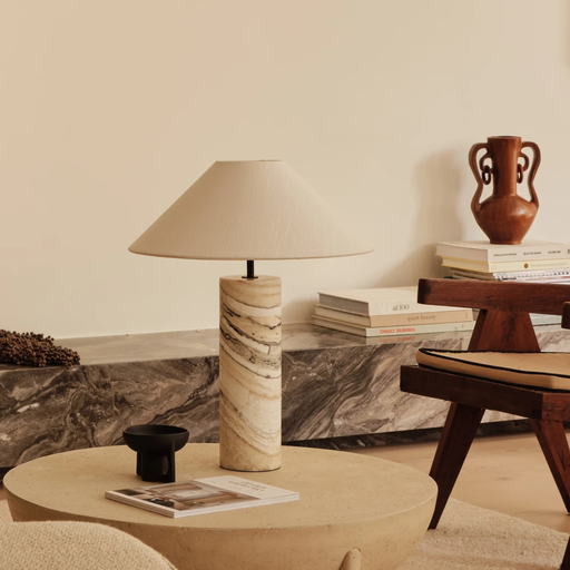 Zebra onyx cylinder table lamp with linen shade STS