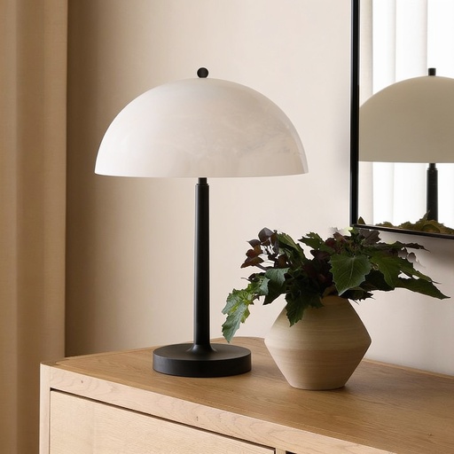 Black metal table lamp with hand-carved alabaster STS