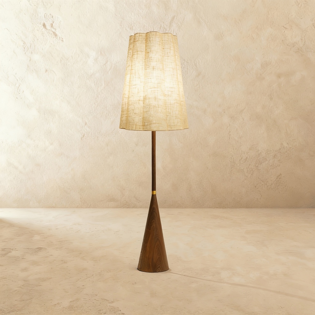 Natural linen scalloped shade and walnut wood floor lamp STS