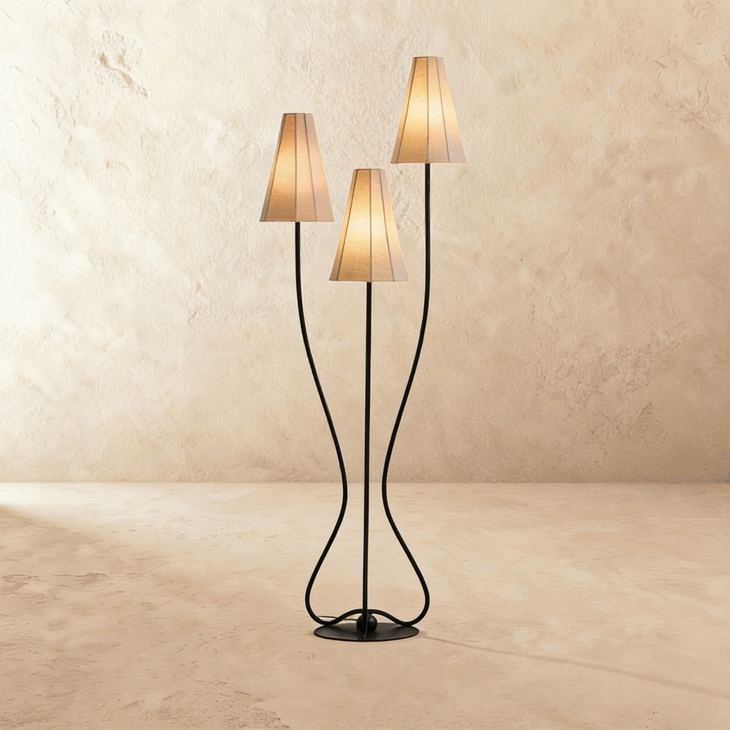 3 light hammered metal floor lamp with linen shades STS