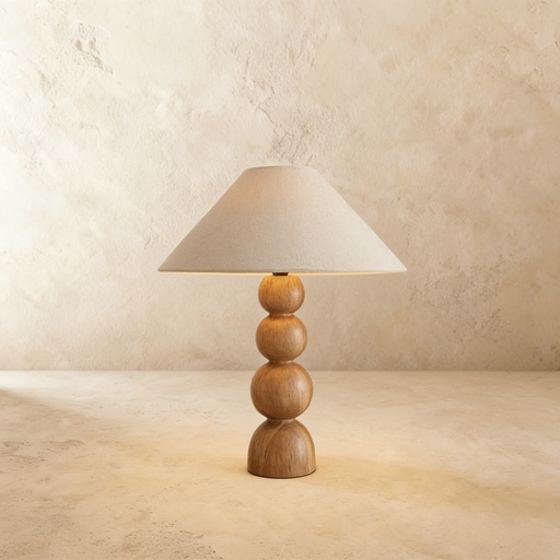 [GLTL0006] Walnut wood balls with linen shade table lamp STS